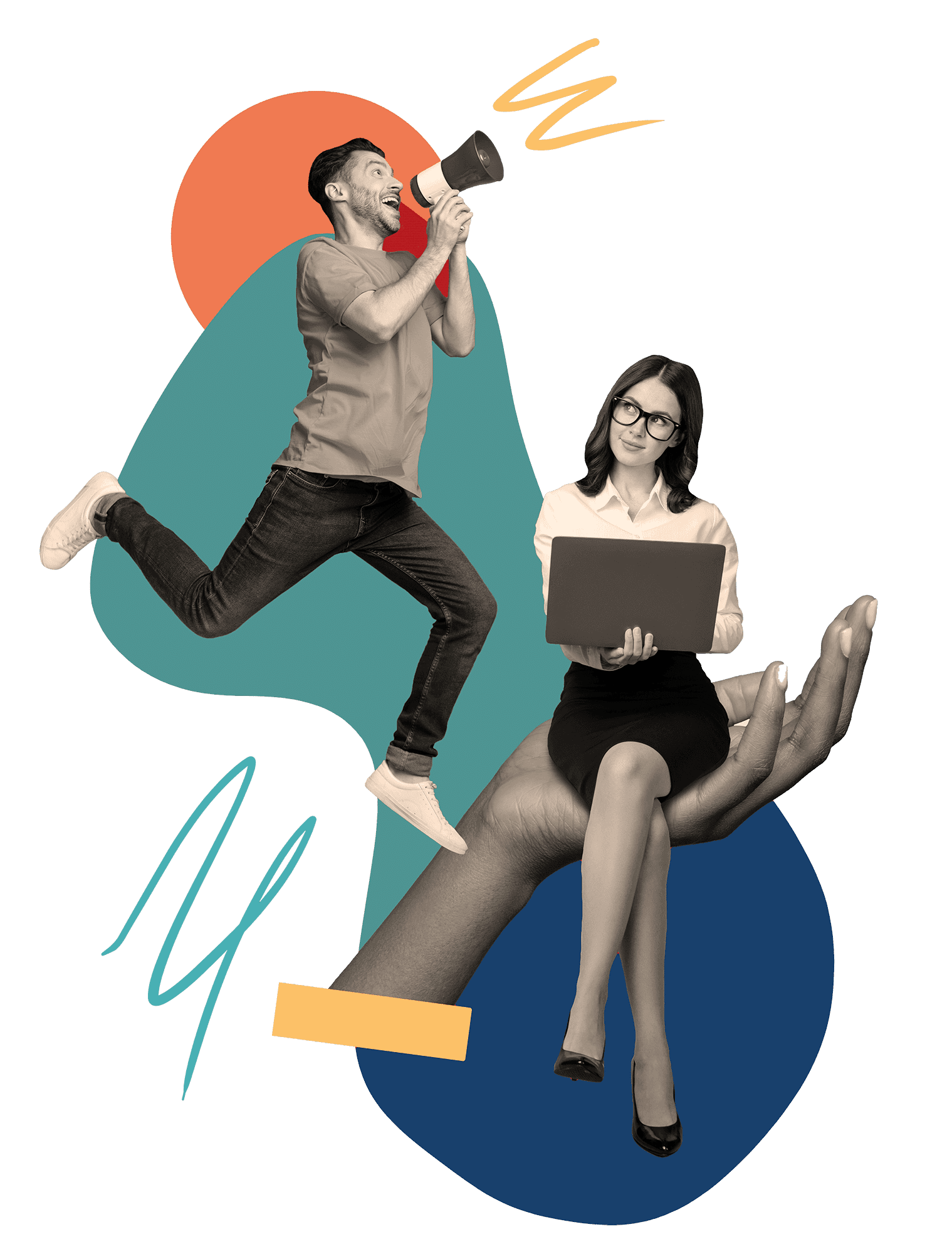 Collage of a man shouting into a megaphone beside a woman working on a laptop