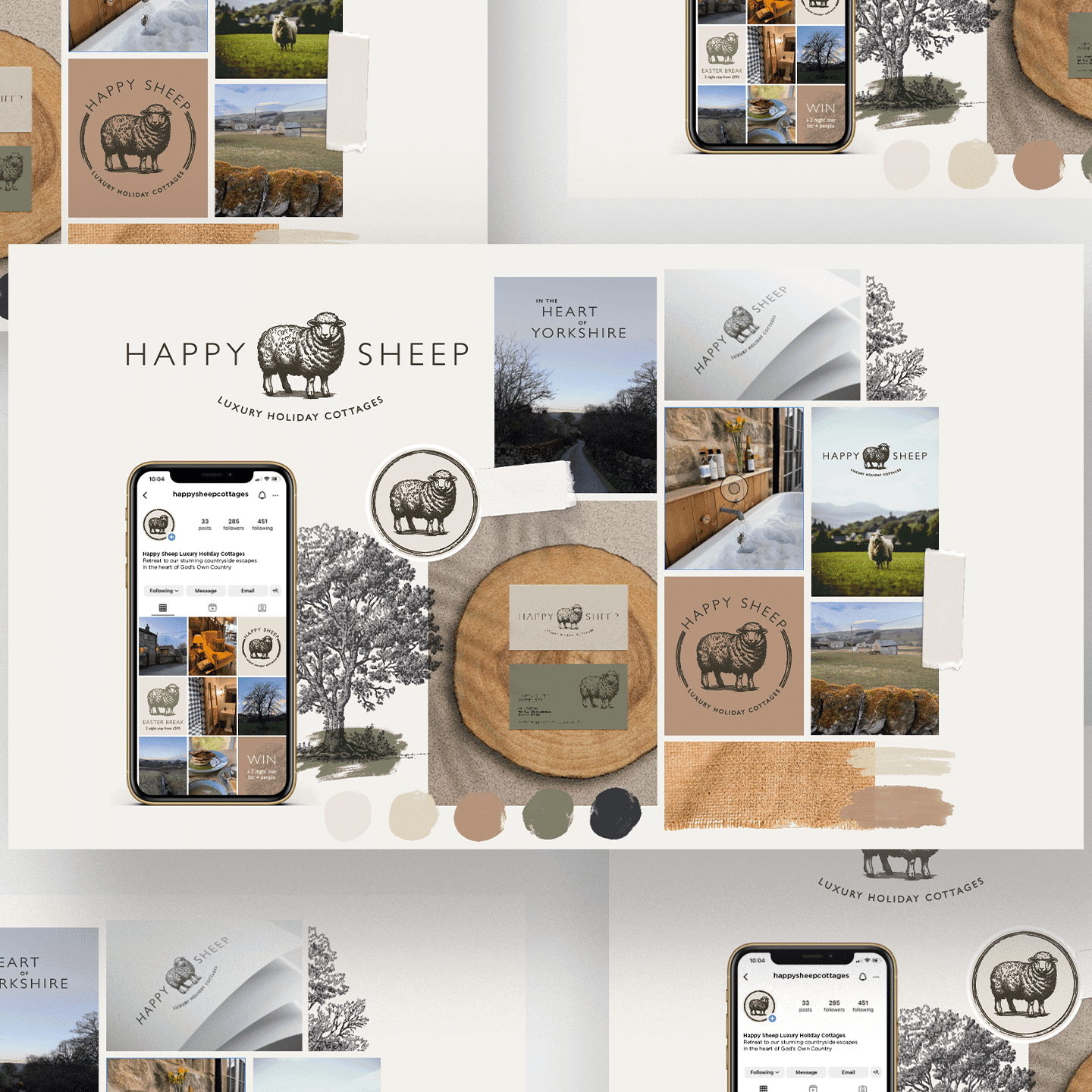 Happy Sheep brand board: logo, stationery, photography and the website on a phone