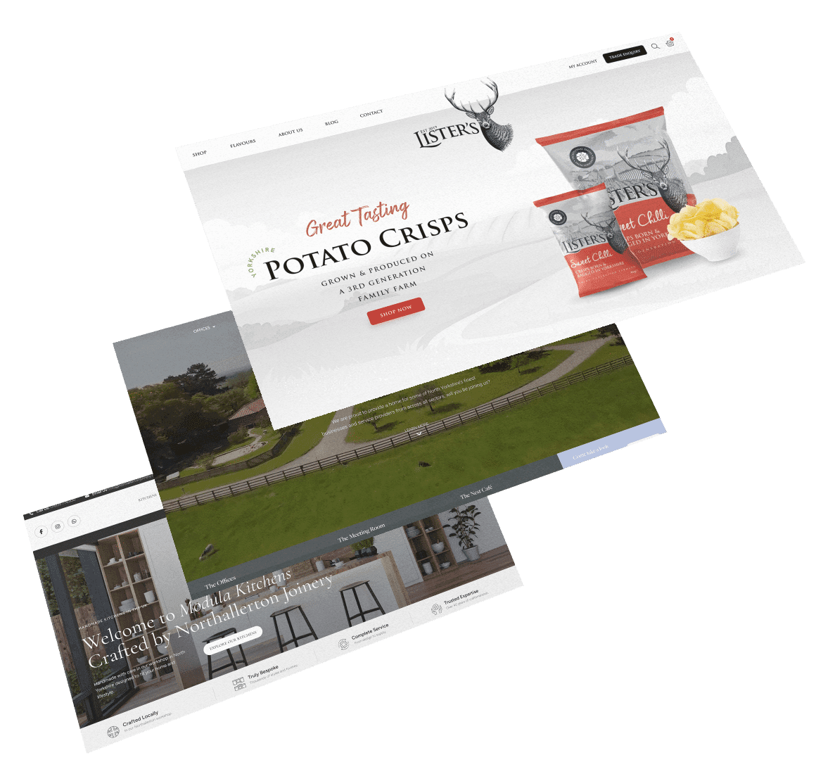 Website pages for a potato crisp brand, shown at an angle