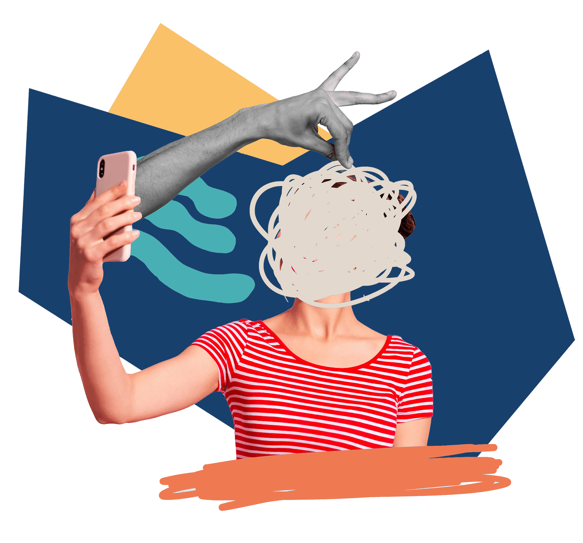 Collage of a woman taking a selfie with a scribble over her face