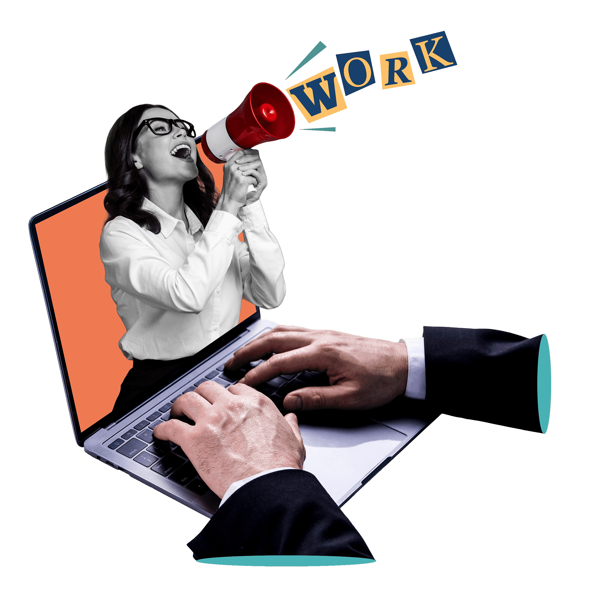 Collage of a woman shouting into a megaphone out of a laptop, above the word work