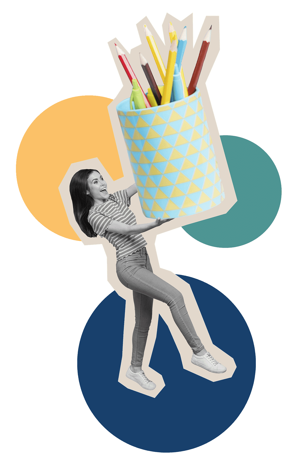 Collage of a woman climbing a giant pot of pencils