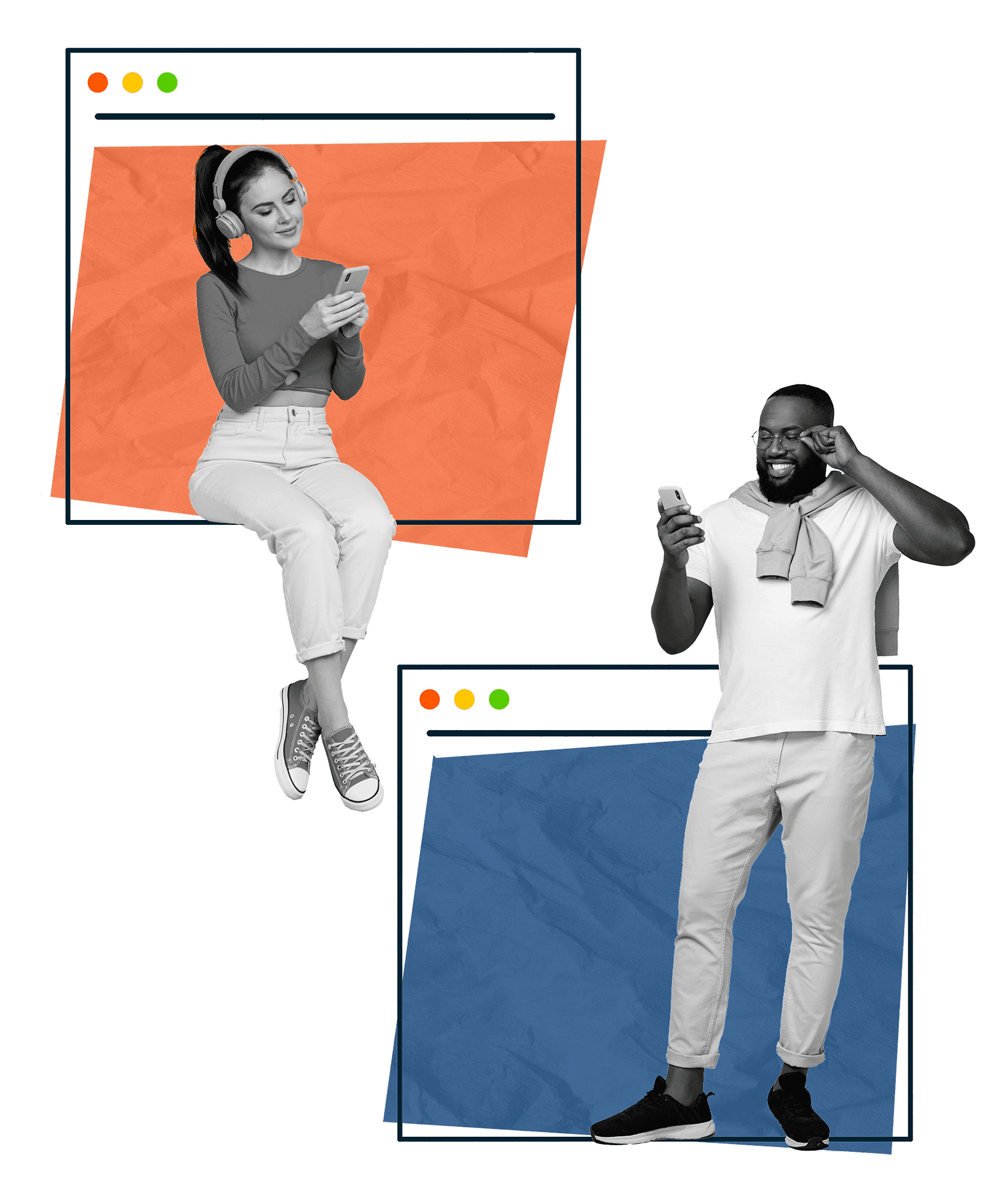 Collage of two people on their phones inside browser window frames