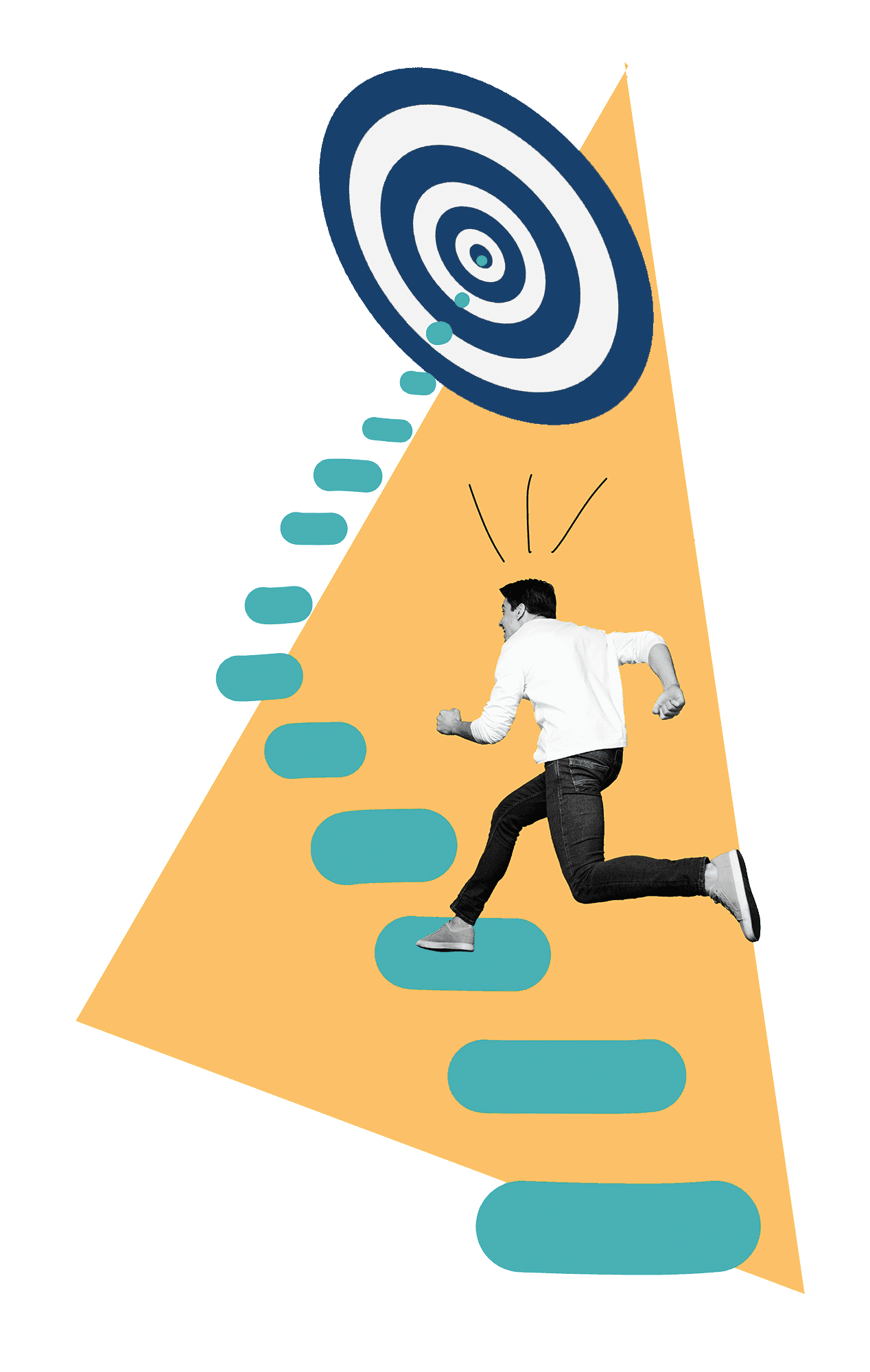 Collage of a man running up steps towards a target