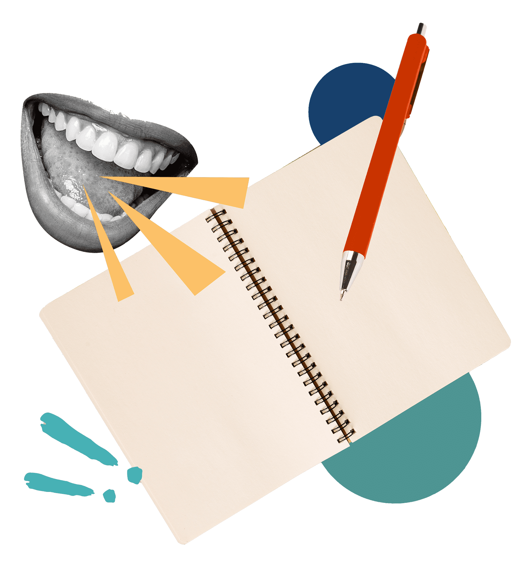 Collage of an open notebook and pencil beside a smiling mouth