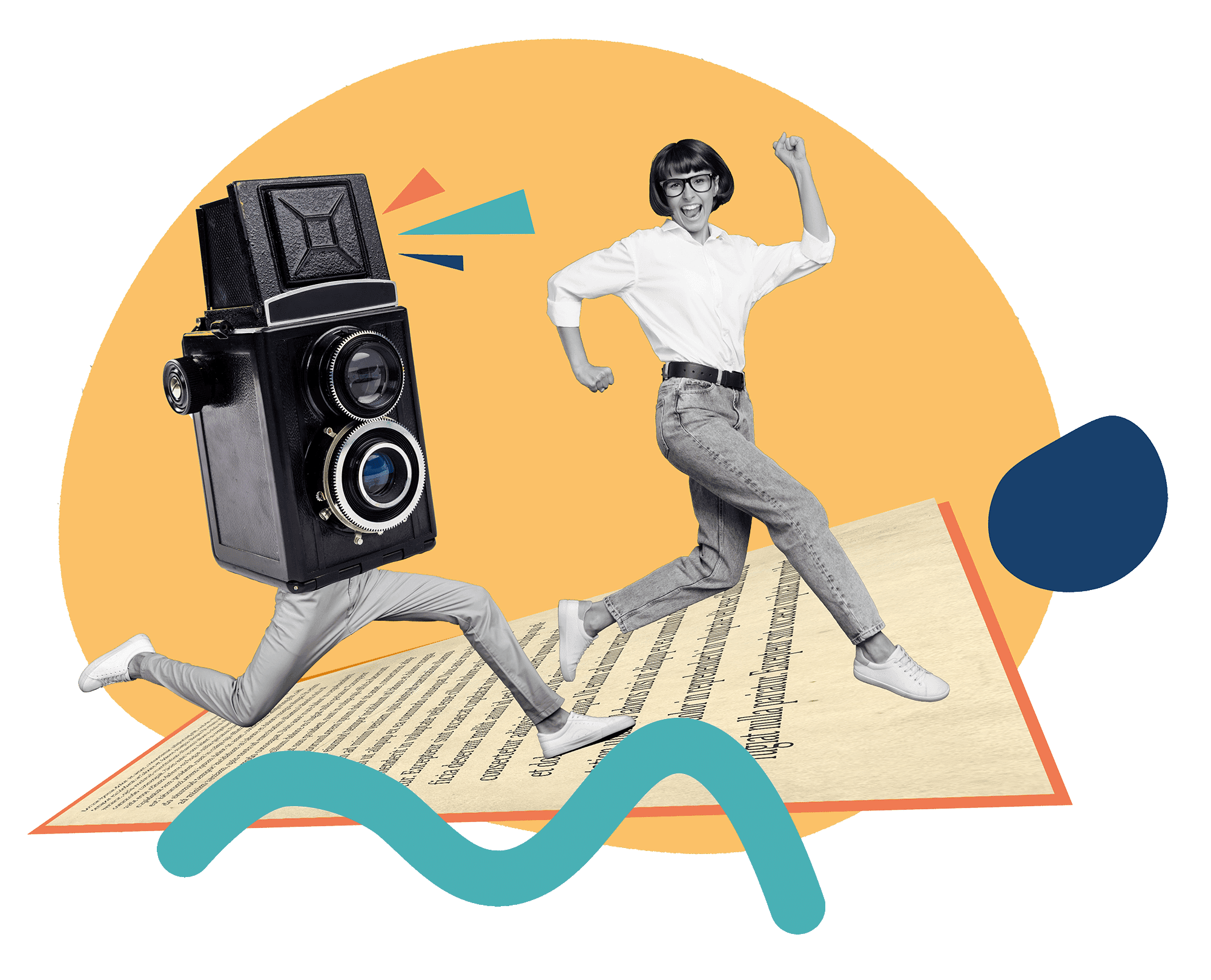 Collage of a woman leaping beside a large vintage camera