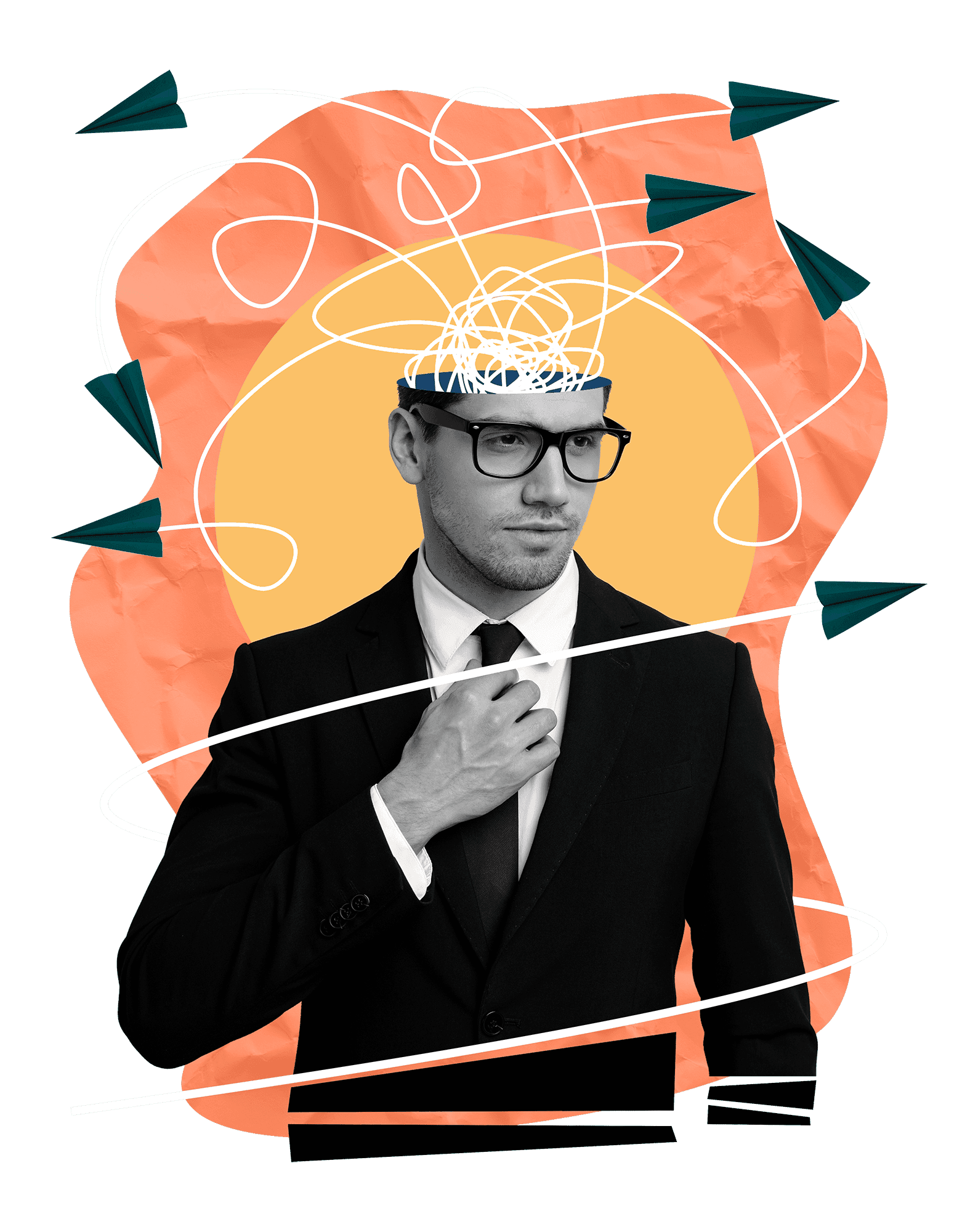 Collage of a man in a suit with scribbles around his head